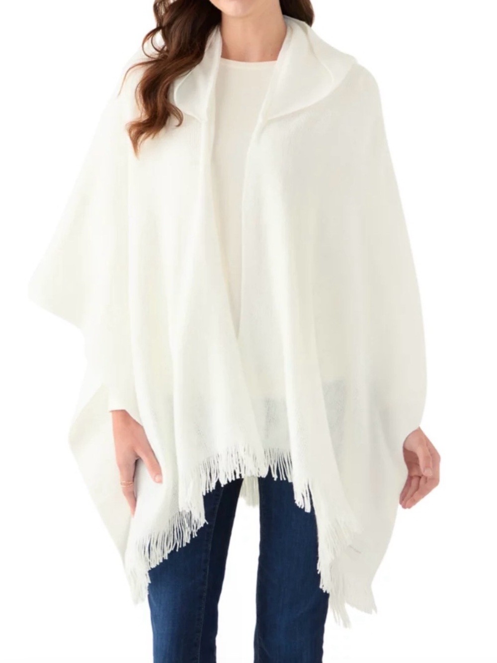 CALVIN KLEIN CAPE SHAWL CARDIGAN SWEATER IVORY FRINGE HEM HOODED SOFT